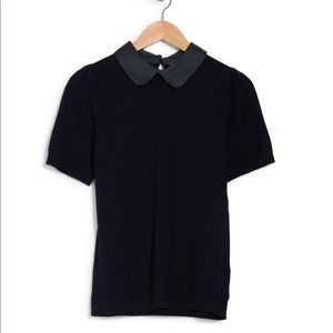 NAVY Satin Collar Short Sleeve Sweater